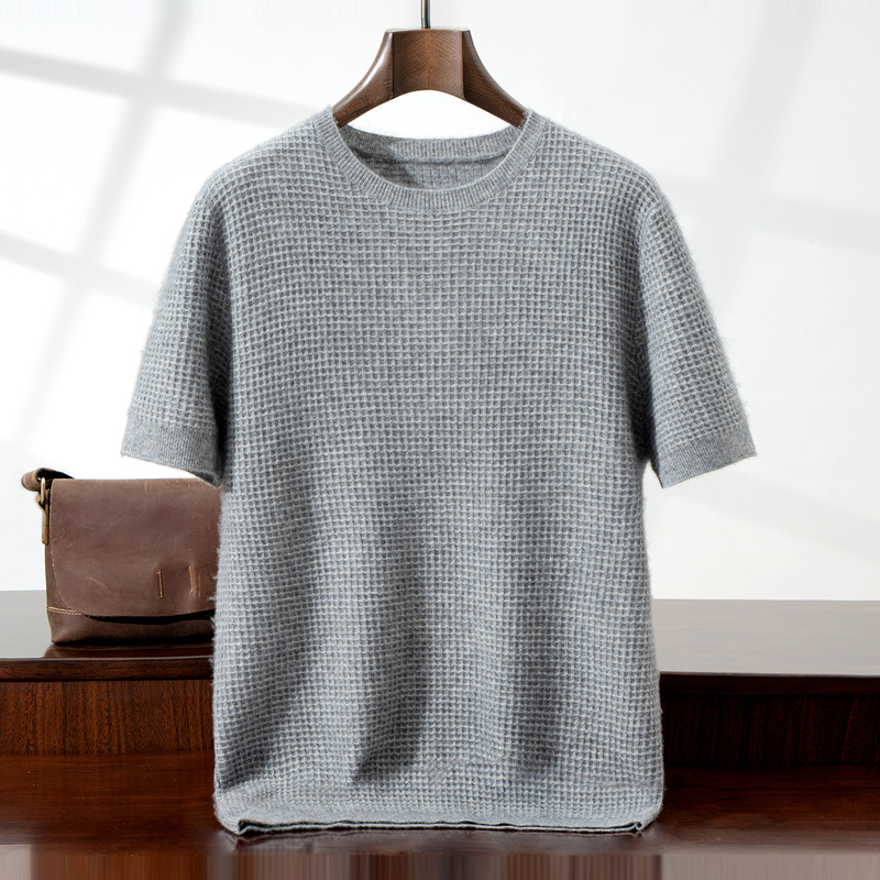 New Autumn and Winter Pure Cashmere Sweater for Men, Round Neck Short-Sleeved Waffle Knit Base T-Shirt, Thin Sweater