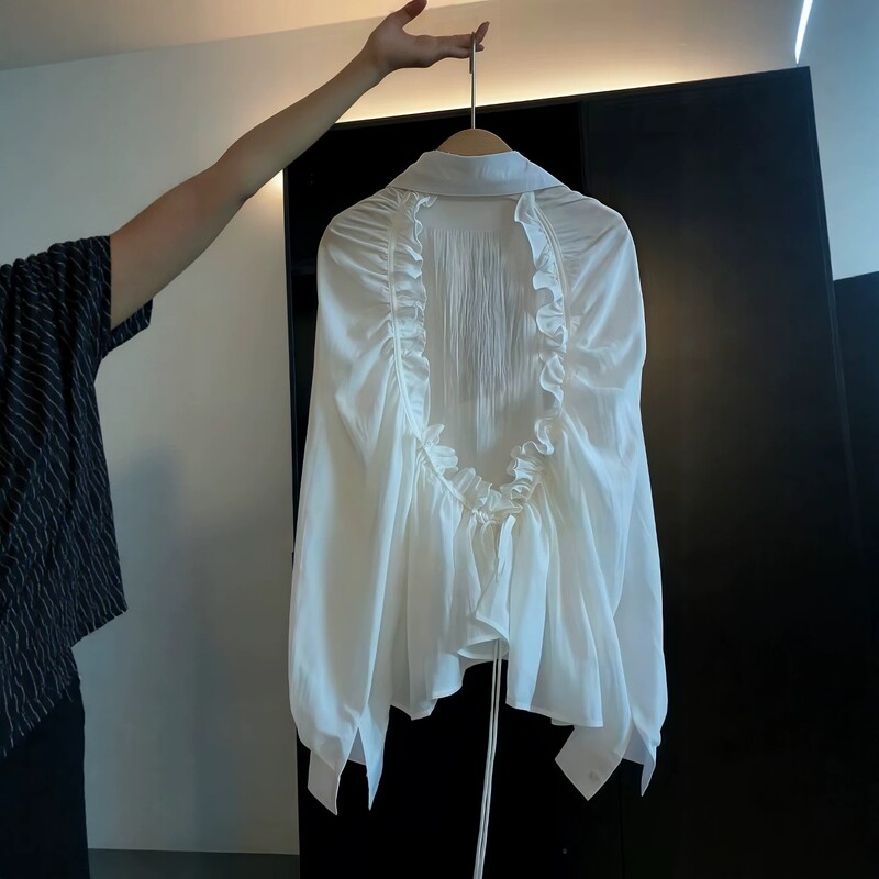 Plus-Size Women's Stylish Cut-Out Lace-Up Backless Shirt with a Turn-Down Collar, Cinched Waist, and Loose Long Sleeves for Summer