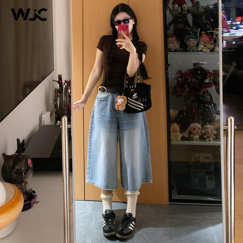 Light Blue Cropped Denim Shorts for Women, Summer 2026 New Vintage High-Waisted Loose Wide-Leg 7/8 Straight Pants