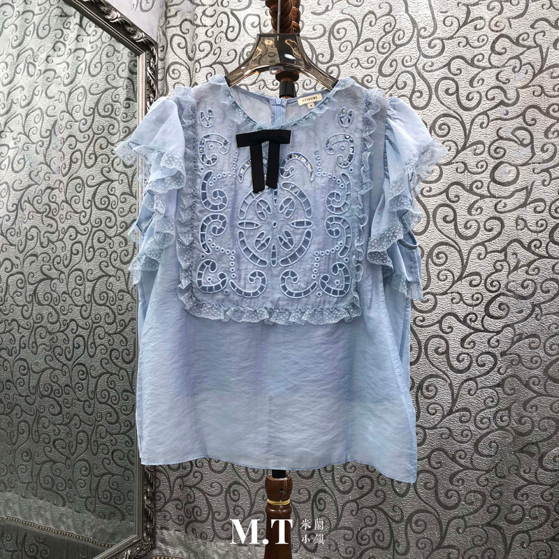 Milan Town Nanyou High-End European Style Ladylike Bow Collar Heart Embroidery Lace Flutter Sleeve Top C30