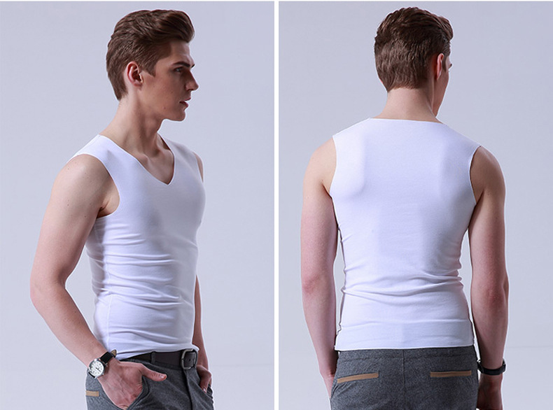 Mùa hè nam phù hợp với áo sơ mi liền mạch áo nỉ lụa băng cao co giãn Slim áo sơ mi cổ chữ V thể thao vest ao day dep
