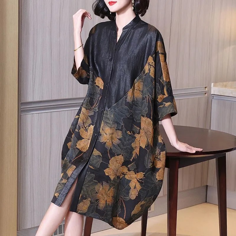 Fat Mom's Mulberry Silk Dress, New Summer Style, Loose and Slimming, Spliced Mid-Length, Large Size, Belly-Covering, Elegant Shirt Dress