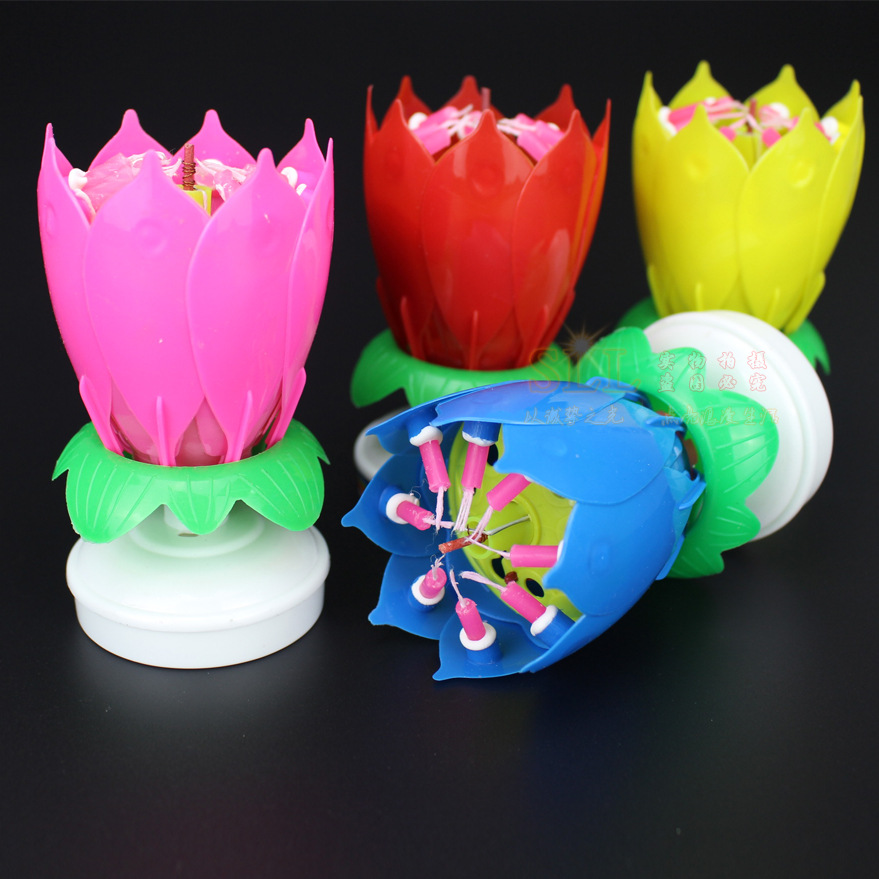 Daxiao Lotus Opens Happy Birthday Double-layer Birthday Cake Flat Bottom Rotating Electronic Lotus Candle Douyin Same Style