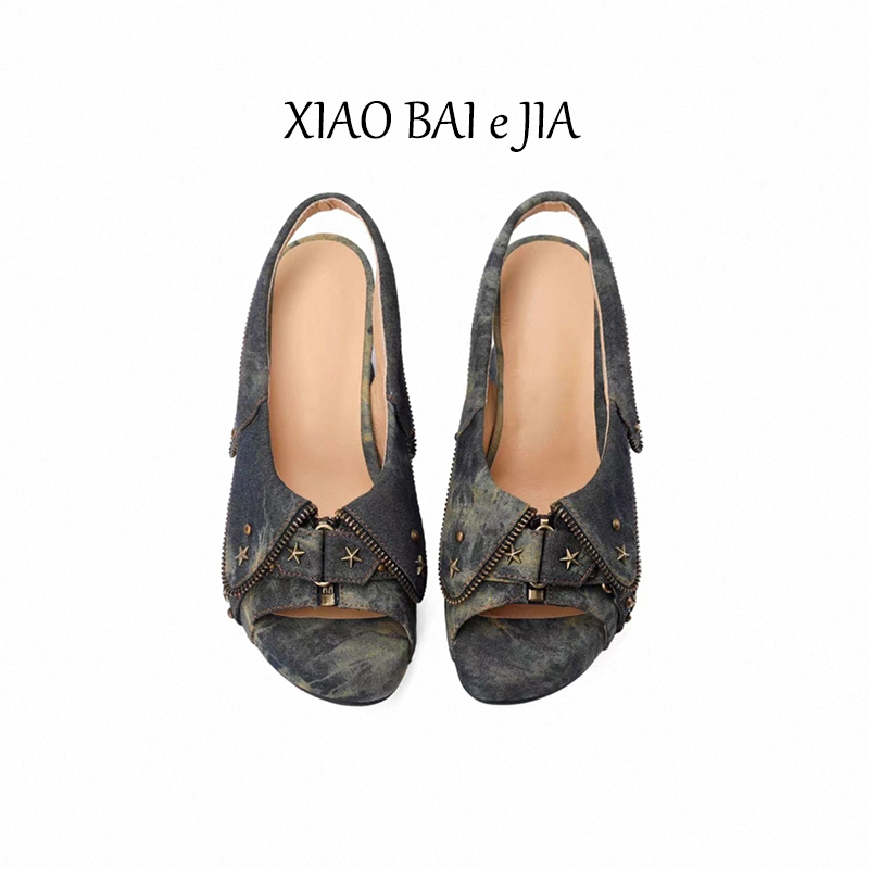 2026 New Style~ Denim Wasteland Style High-Heeled Sandals for Women, Fish Mouth Punk Style, Breathable, Versatile, Casual Studded High Heels 2026 New Style~ Denim Wasteland Style High-Heeled Sandals for Women, Fish Mouth Punk Style, Breathable, Versatile, Casual Studded High Heels