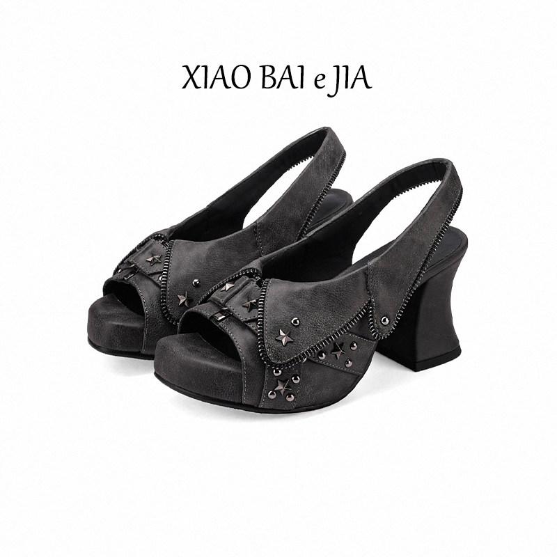 Punk style ~ Retro distressed denim high-heeled sandals for women, peep toe, 2026 early autumn new style, waterproof platform high heels