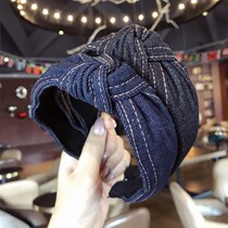 South Koreas new upscale boutique hair decoration Korean version of minimalist denim denim fabric intermediate knotted and screwed with wide side hair stirrup