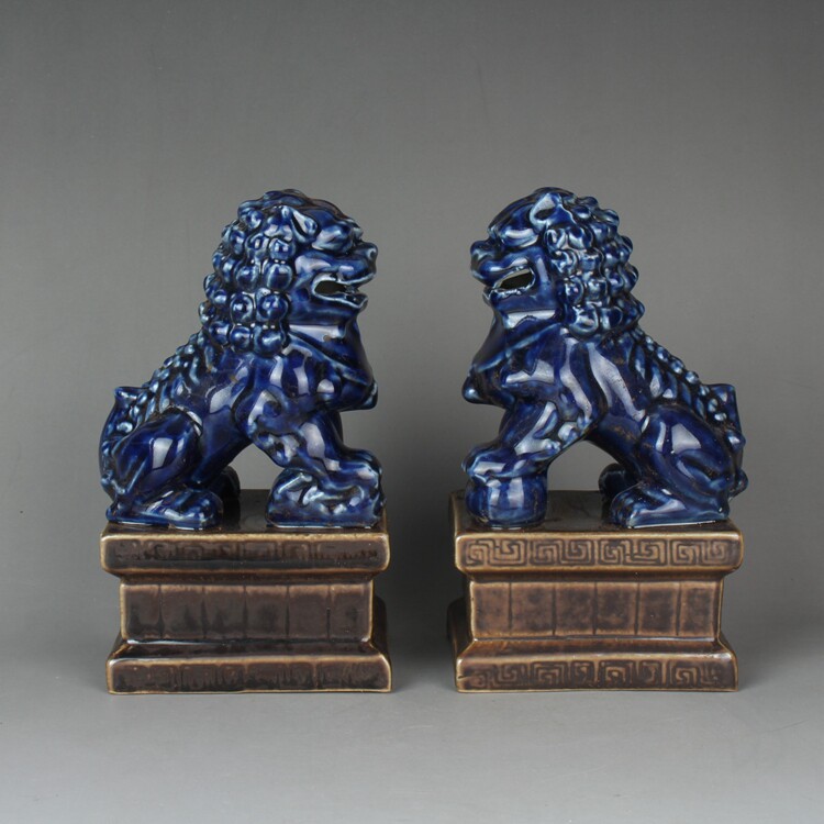 Cultural Revolution Factory Goods Sculpture Porcelain Blue Glazed Lion Swing a pair of Jingdezhen Ancient playing antique old stock ceramic ware collection-Taobao