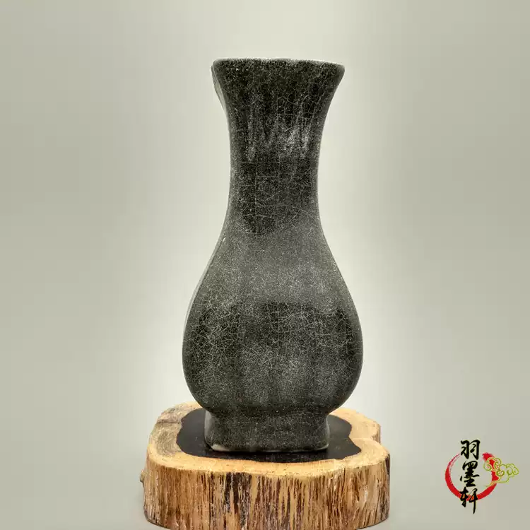 宋代溪口官窑灰黑釉方口瓶古玩古董陶瓷器仿古老货民间收藏摆件