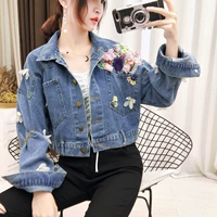 2018 mùa thu mới phiên bản Hàn Quốc in hoa ba chiều nặng thêu hoa áo khoác lửng denim ngắn áo parka nữ