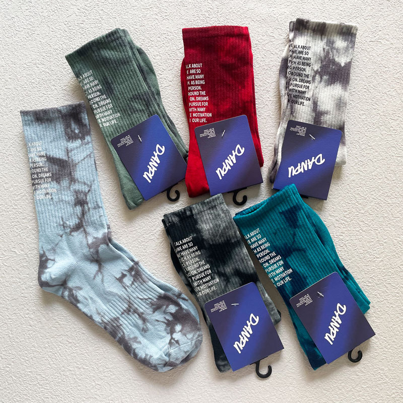 Tie-Dye Socks for Men, Youth Mid-Calf Socks, Spring and Autumn Style, Trendy Pure Cotton Street Sports Anti-Odor Long Socks for College Students, Women's Socks