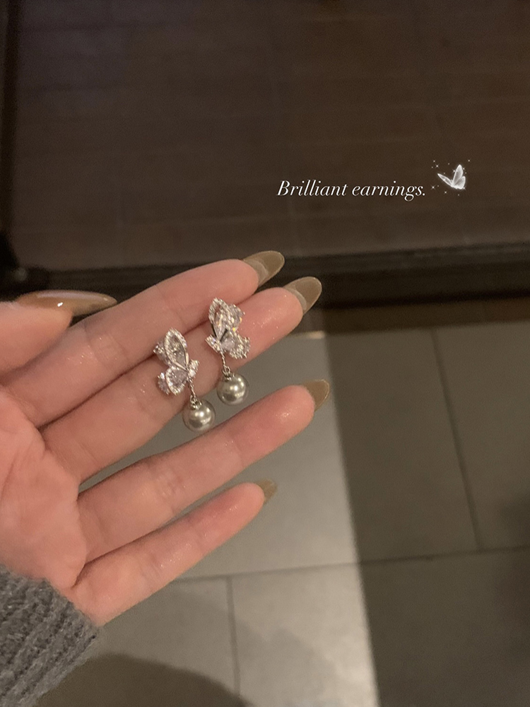 (Honey Peach Tea) Beauty To Scream ~ Butterfly Grey Pearl Earrings Earrings Autumn Winter New 2023 Explosive Superior Ear Accessories-Taobao