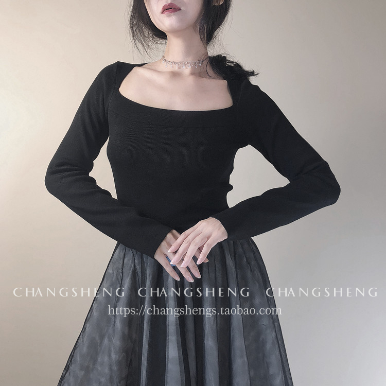 [Không tham gia bất kỳ hoạt động nào] Cổ áo lớn chữ U là áo len mỏng màu đen thời trang công sở nữ