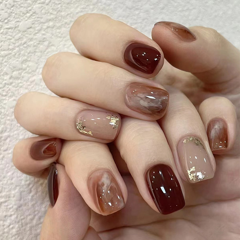 Caramel Chestnut Handmade Wearable Nail Art, Melange Gradient, Brightening and Elegant, Autumn and Winter Style, Removable Nail Stickers