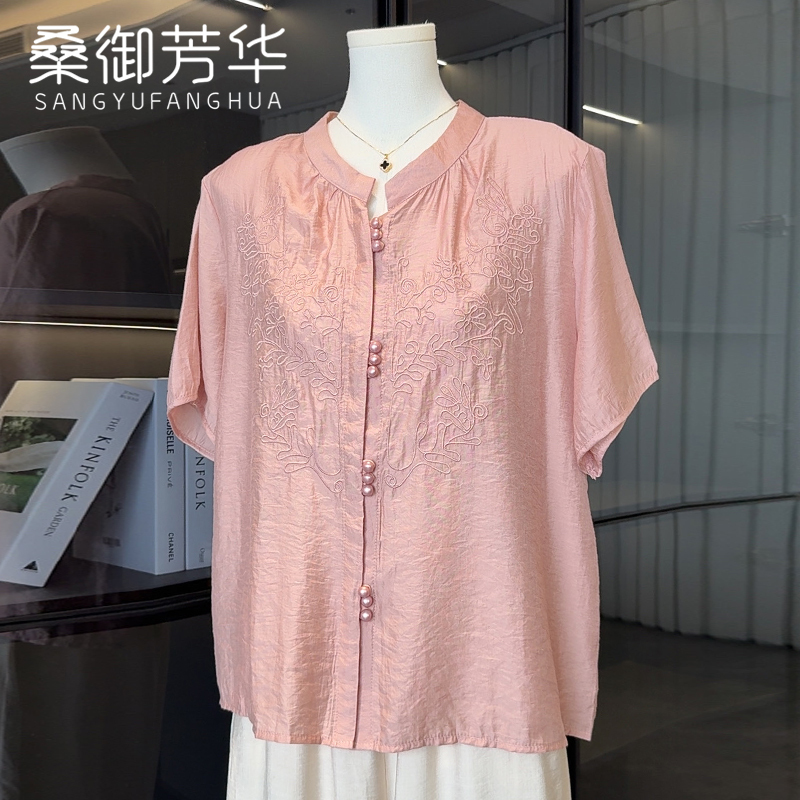 Mom's Short-Sleeved New Shirt, Large Size Cotton and Linen Top, High-End Middle-Aged and Elderly Women's Clothing, Summer Mother's Day Set