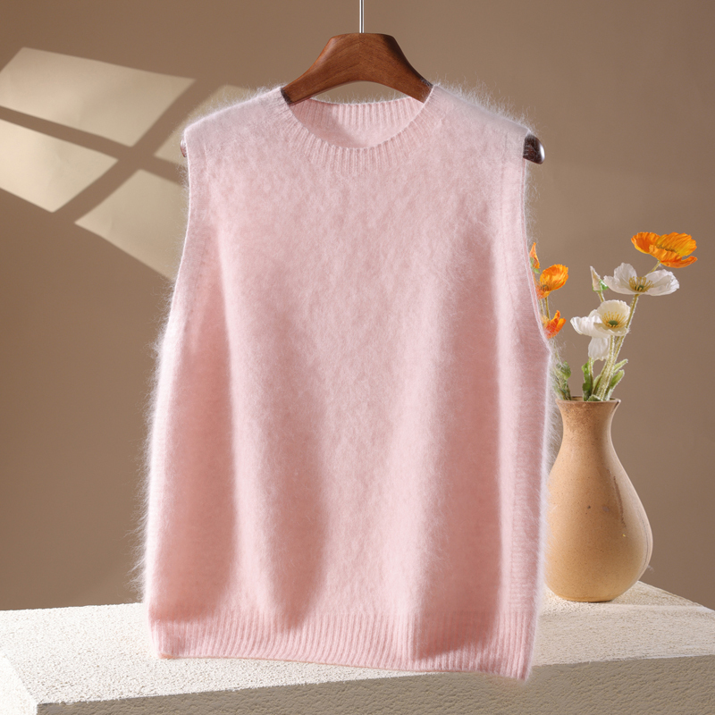 Autumn and Winter 100% Pure Wool Brushed Vest for Women, Round Neck, Sleeveless Knitted Layered Vest, Loose Cashmere Sweater Vest