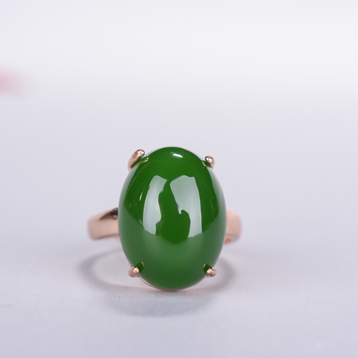Live mouth adjustable natural spinach green Hetian jasper ring jewelry rose gold inlaid female ring jewelry jewelry gift