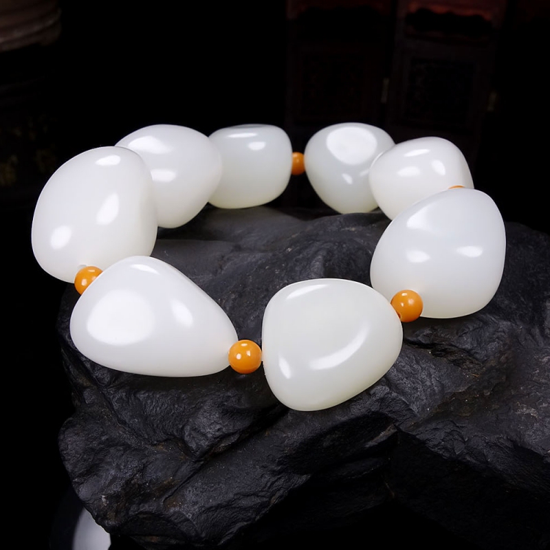 Natural White Jade Bracelet, Hetian Jade Style, Golden Silk Jade Bracelet, Nephrite Jade Raw Stone Bracelet, Unisex Jewelry, Guaranteed Authenticity
