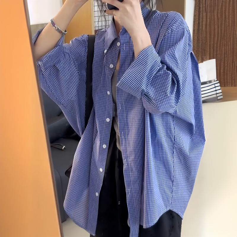 Blue Plaid Long-Sleeved Shirt for Women 2025 Spring & Fall New Loose and Lazy Style Casual Shirt Sun Protection Jacket Top