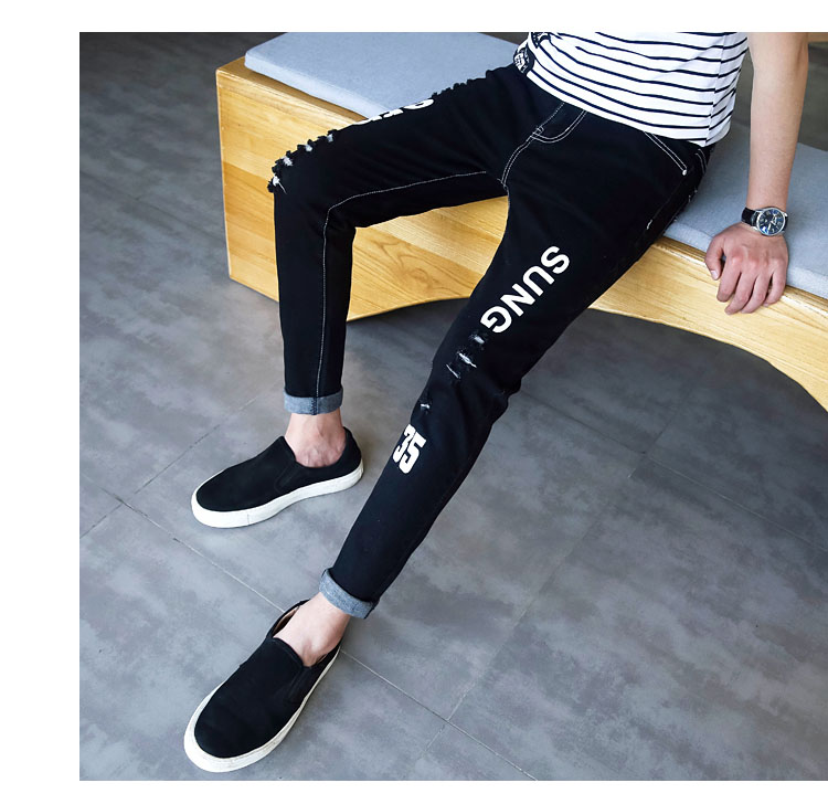 Mùa thu lỗ đen chín điểm quần jeans nam Phiên bản Hàn Quốc của quần lọt khe quần thủy triều quần nam Quần nam 9 điểm quần ống rộng nam