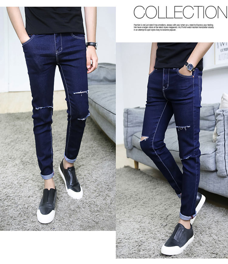 Mùa thu đen 乞丐 quần jean nam Phiên bản Hàn Quốc của quần Slim feet quần nam quần dài 9 điểm co giãn lỗ thông thường quần thể thao nam