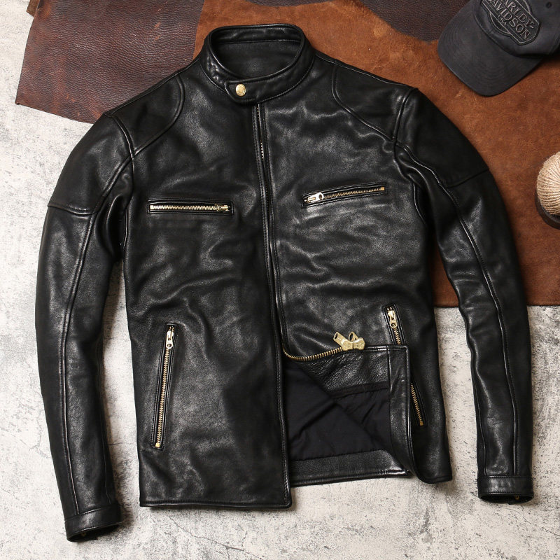 Day-series retro-collar locomotive leather jacket for men washed with tannins thickened sheep leather Short-to-fit leather jacket