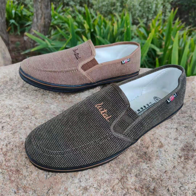 Shandong Lutai Spring and Autumn Striped Velvet Canvas Casual Shoes Men's Outdoor Walking Breathable Sweat-absorbing Slip-on Slip-On Cloth Shoes