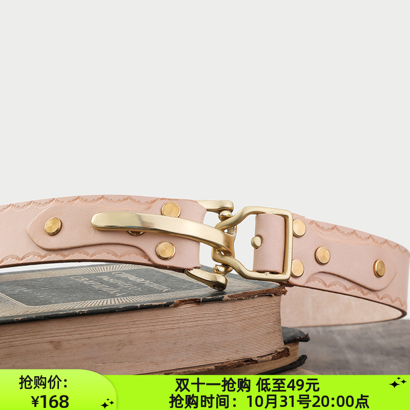 Hand-made cavalry buckle pure copper primary color belt Qiming's leather head layer leather retro Ami Khaji vegetable tanned leather belt