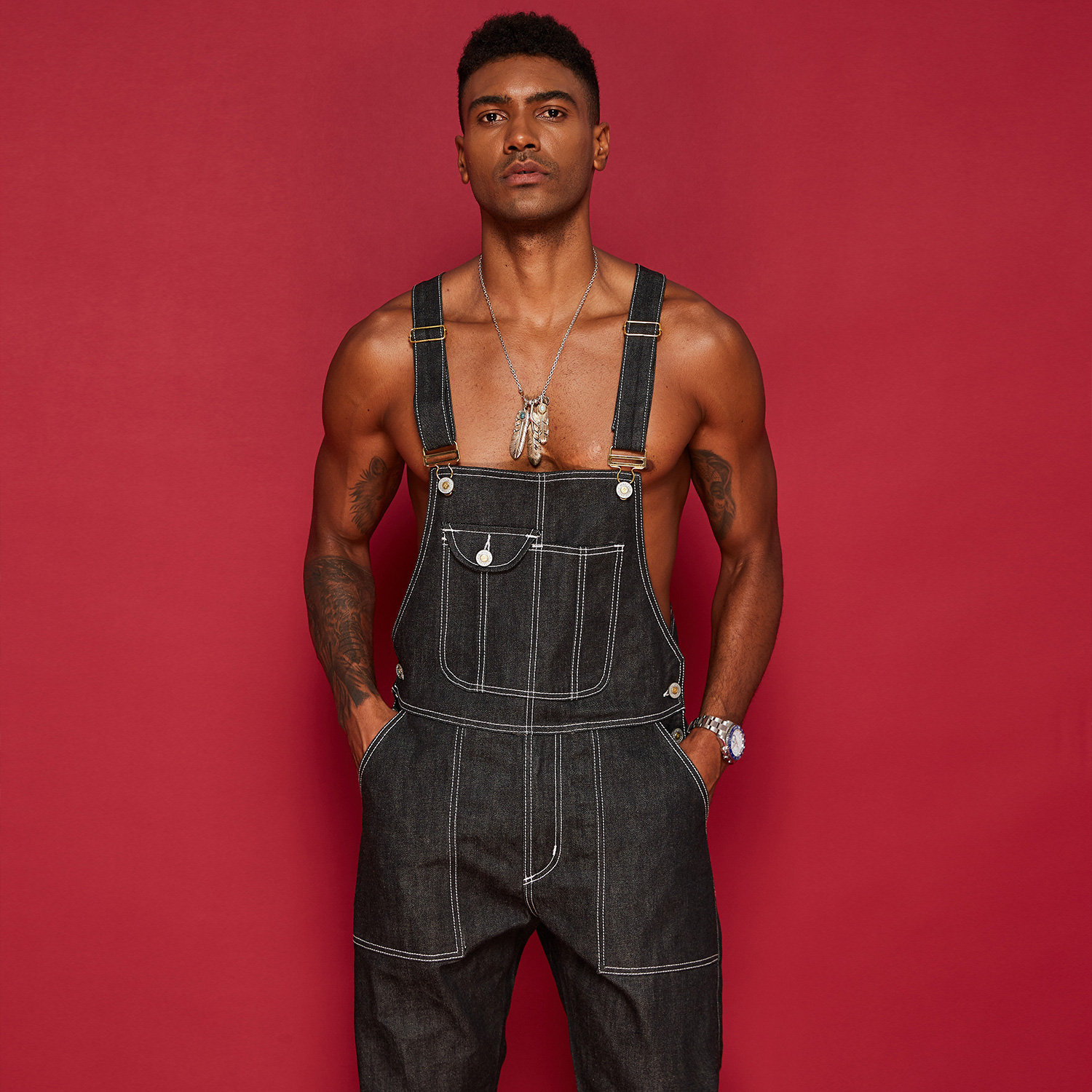 MBBCAR narrow range of European and American boomers washing water conjoined pants with pants worker back with pants red dandenim jeans-Taobao