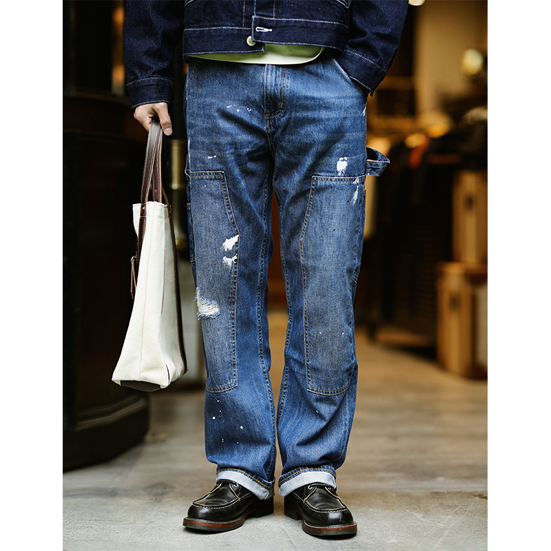 MBBCAR narrow-amplitude Heavy Industry Heavy Splash Red Tannen Jeans Ammeo-Antique Tooling Straight-tube pants