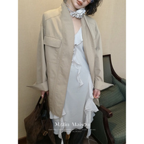 Maureen molin kimono collar retro washed in long style Wind Coat Multiple Pockets Design Tooling Jacket New Coat