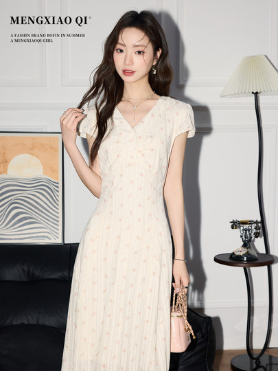 Temperamento francés de Meng Xiaoqi Vestido floral dulce para mujeres en la manga de gama alta que abraza la falda larga de la cintura para que se vea delgada