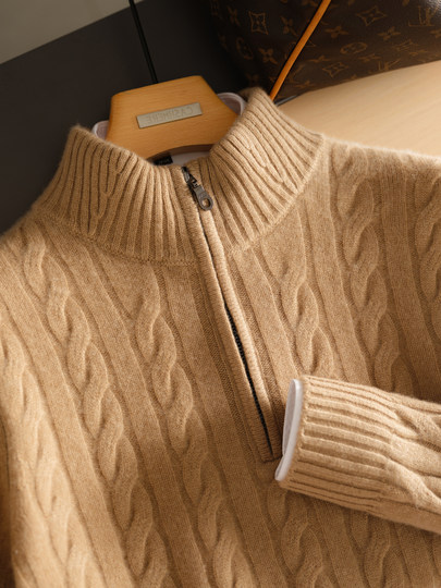 Double-stranded men's thickened 100% pure cashmere sweater semi-zipper solid color twist stand collar base sweater