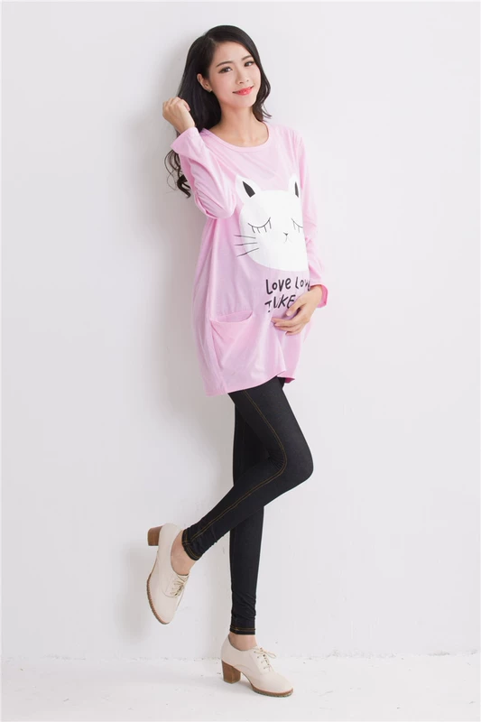 Đầm mới cho bà bầu thời trang Áo thun mùa xuân và mùa thu dài tay cỡ lớn Áo sơ mi cotton nữ Hàn Quốc