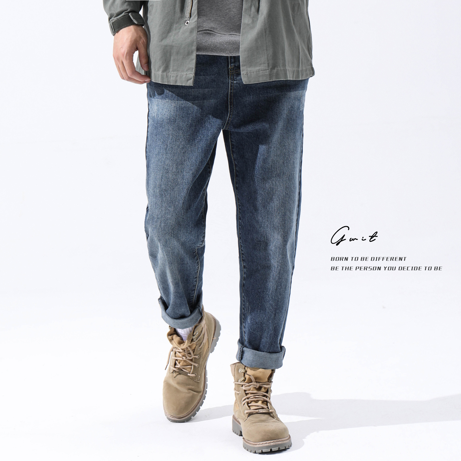 GWIT American heavyweight spring and autumn new straight jeans versatile casual Japanese small foot loose long pants men