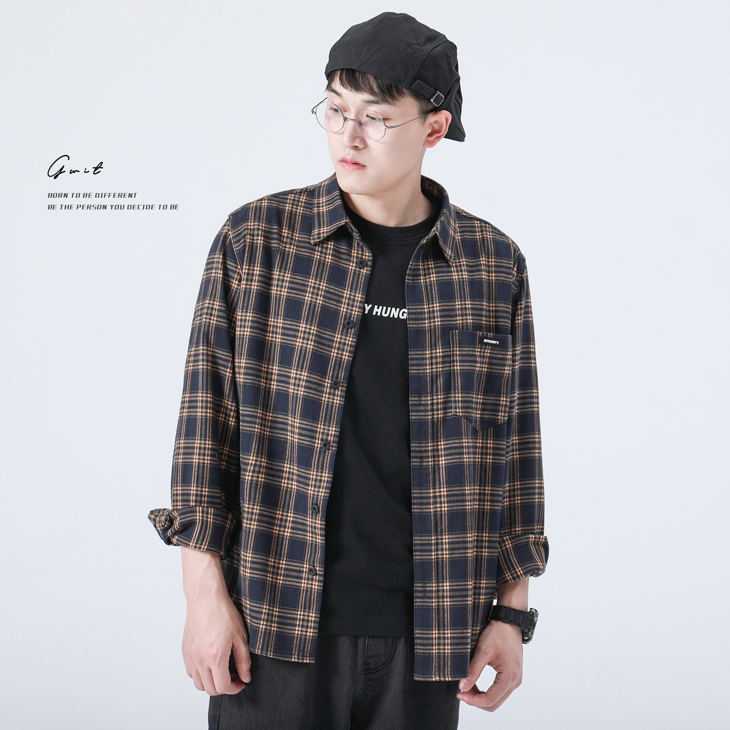 GWIT Double Grinding Wool Soft Weave Spring Autumn New Loose Inch Jacket Casual Long Sleeve Shirt Plaid Shirt Man
