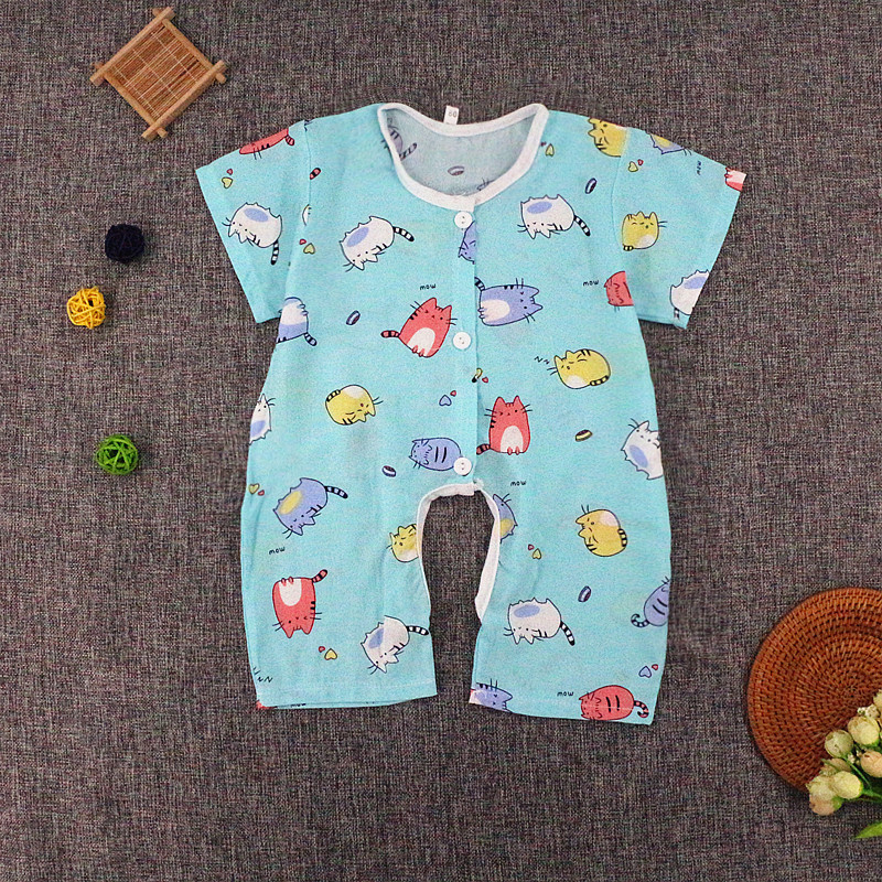 Bé bông lụa jumpsuit mùa hè ngắn tay mở bé phần mỏng 0-3-6-12 tháng sơ sinh cotton lụa quần áo