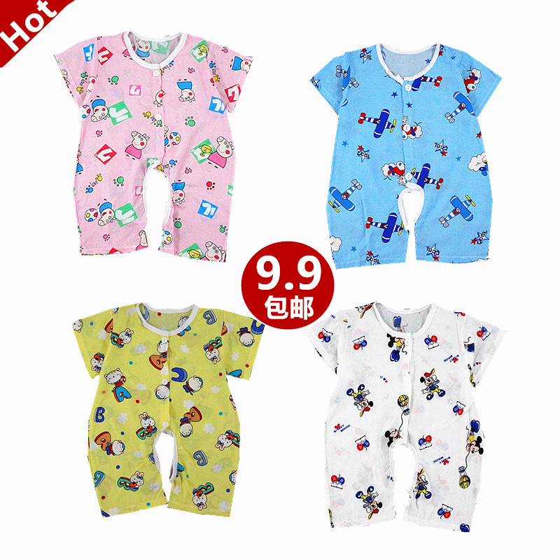 Bé bông lụa jumpsuit mùa hè ngắn tay mở bé phần mỏng 0-3-6-12 tháng sơ sinh cotton lụa quần áo