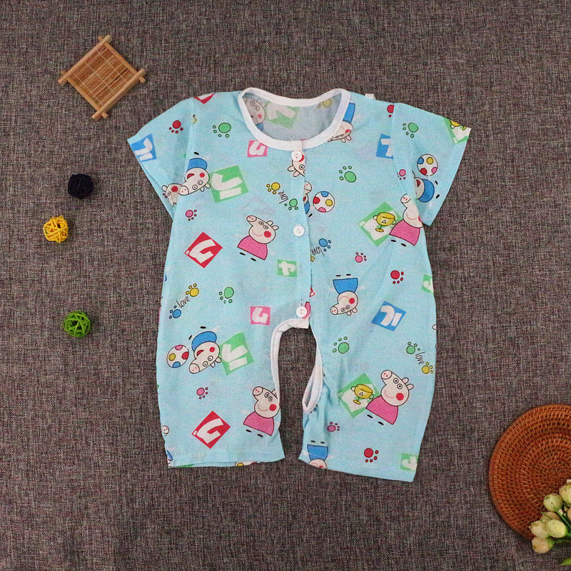 Bé bông lụa jumpsuit mùa hè ngắn tay mở bé phần mỏng 0-3-6-12 tháng sơ sinh cotton lụa quần áo