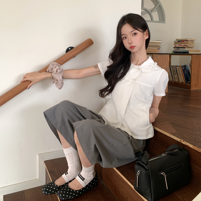 Ana Treasure Jenny [Matte Pure White] 26 Summer Korean Style Doll Collar Ruffled Short Sleeve Shirt Top for Women