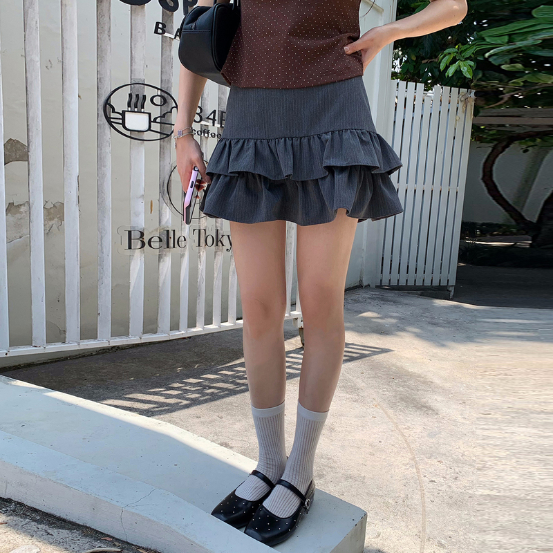 Ana Treasure Jenny【Twilight Layering】Spring and Summer Korean Style High Waist Ruffled Vertical Striped Layered Short Skirt for Women