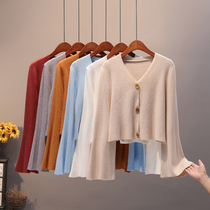 Flared sleeve cardigan womens spring and autumn solid color V-neck sweater top Korean version of high waist short loose sweater jacket