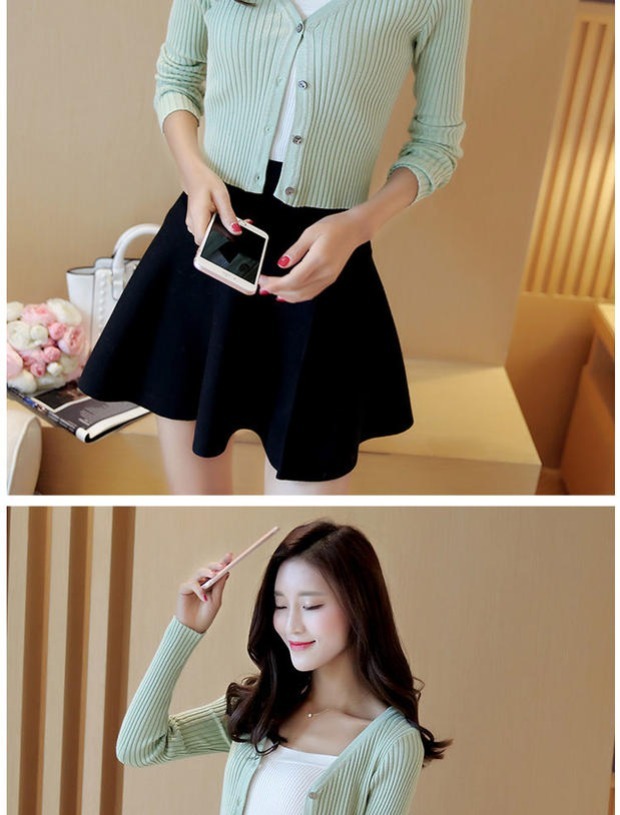 Mùa xuân 2018 mới V-cổ pit sọc ngắn tay đan len nữ là áo khoác mỏng eo cao khoác cardigan