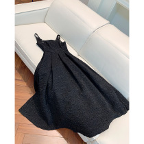 2022 Summer New Pint Black Harness Jacquard long section High waist display slim temperament dark Black Wind little black dress Lie dress