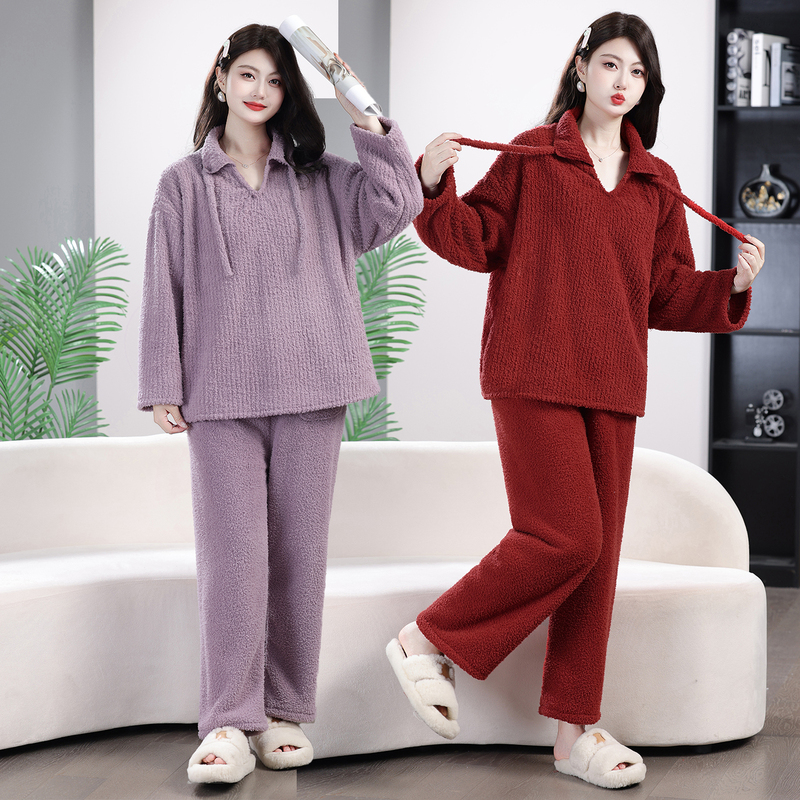 Middle-Aged Fashionable Pajamas for Moms, Winter Home Wear, Women's Flannel Set, Fleece-Lined, Thickened, Warm Set, Plus Size