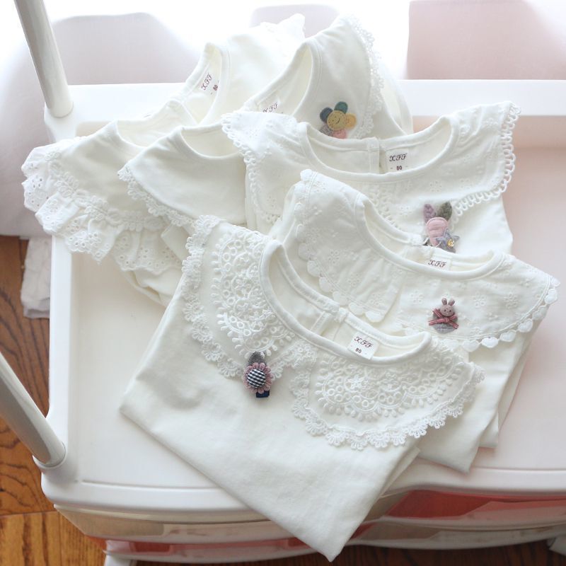 Girls' White Thin Lapel T-Shirt Top Spring and Summer Kidsren's Girl Doll Collar Lace Trim Baby Base Shirt 6 Girls' White Thin Lapel T-Shirt Top Spring and Summer Kidsren's Girl Doll Collar Lace Trim Baby Base Shirt 6