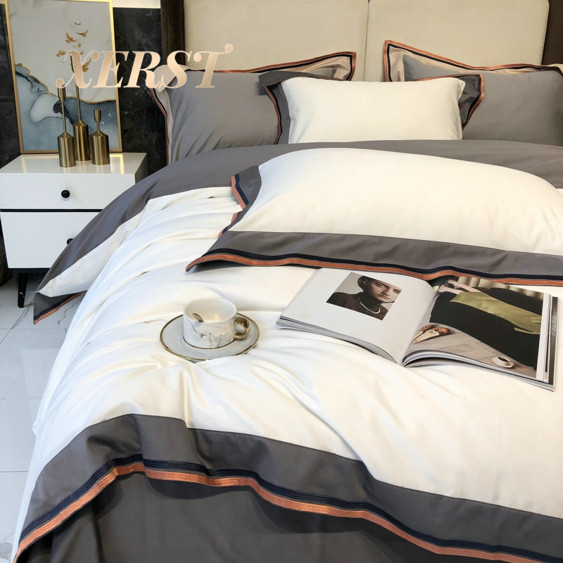 XERST Nordic wind minimalist pure cotton four pieces 120 long suede cotton full cotton embroidered bed linen bed bedding