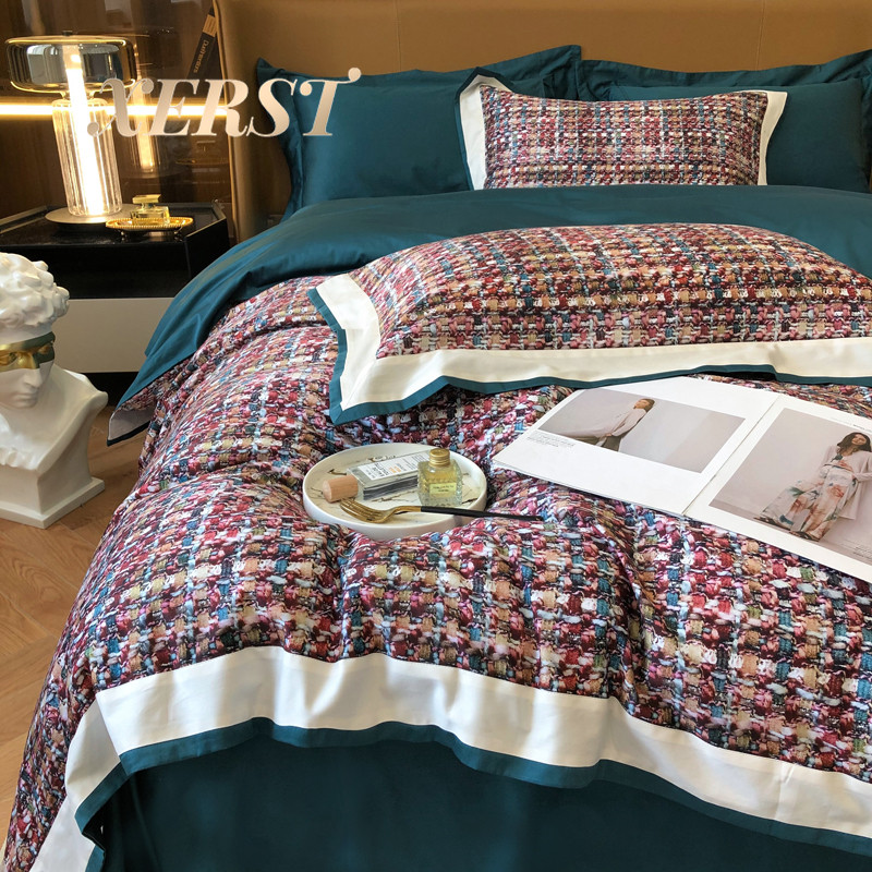 XERST small fragrant wind light and luxurious 120 long suede cotton four pieces of kit minimalist pure cotton full cotton bed sheet bedding