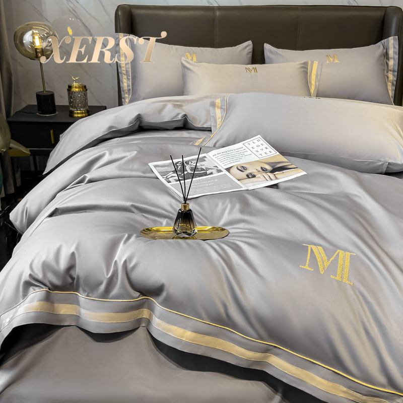 XERST Long Staple Cotton Satin Pure Cotton Four-piece Cotton Simple Light Luxury Wind Skin-Friendly Bed Sheet Quilt Cover Bedding