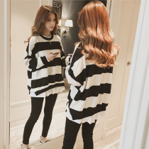 Pure cotton round neck long sleeve sweater maternity dress spring and autumn fake two pieces of stripes loose thin Korean version of ins Super fire T-shirt