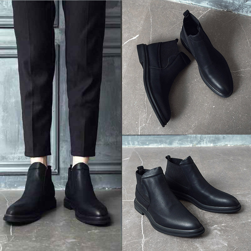 Tall leather Chelsea boots Martin boots men's winter new Korean version of the mid-tube leather shoes British style large size short boots tide